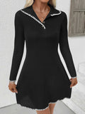 Contrast Trim Texture Long Sleeve Sweater Dress - Trendsi - Flyclothing LLC