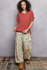 POL Ribbed Knit V-Neck Short Sleeve T-Shirt with Side Slit - Trendsi - Flyclothing LLC