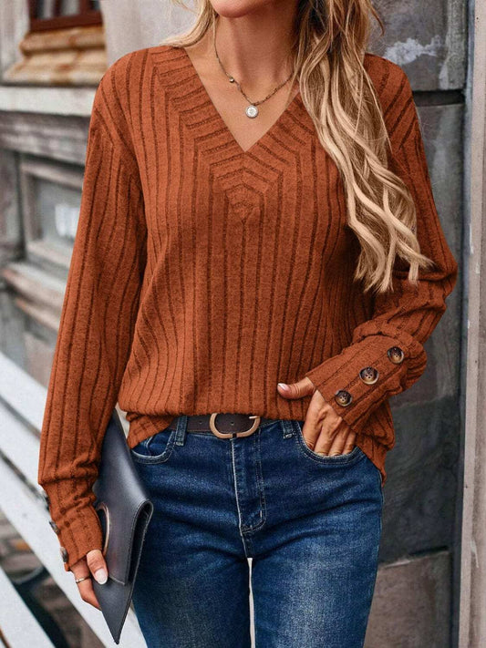 Decorative Button V-Neck Long Sleeve T-Shirt - Trendsi - Flyclothing LLC