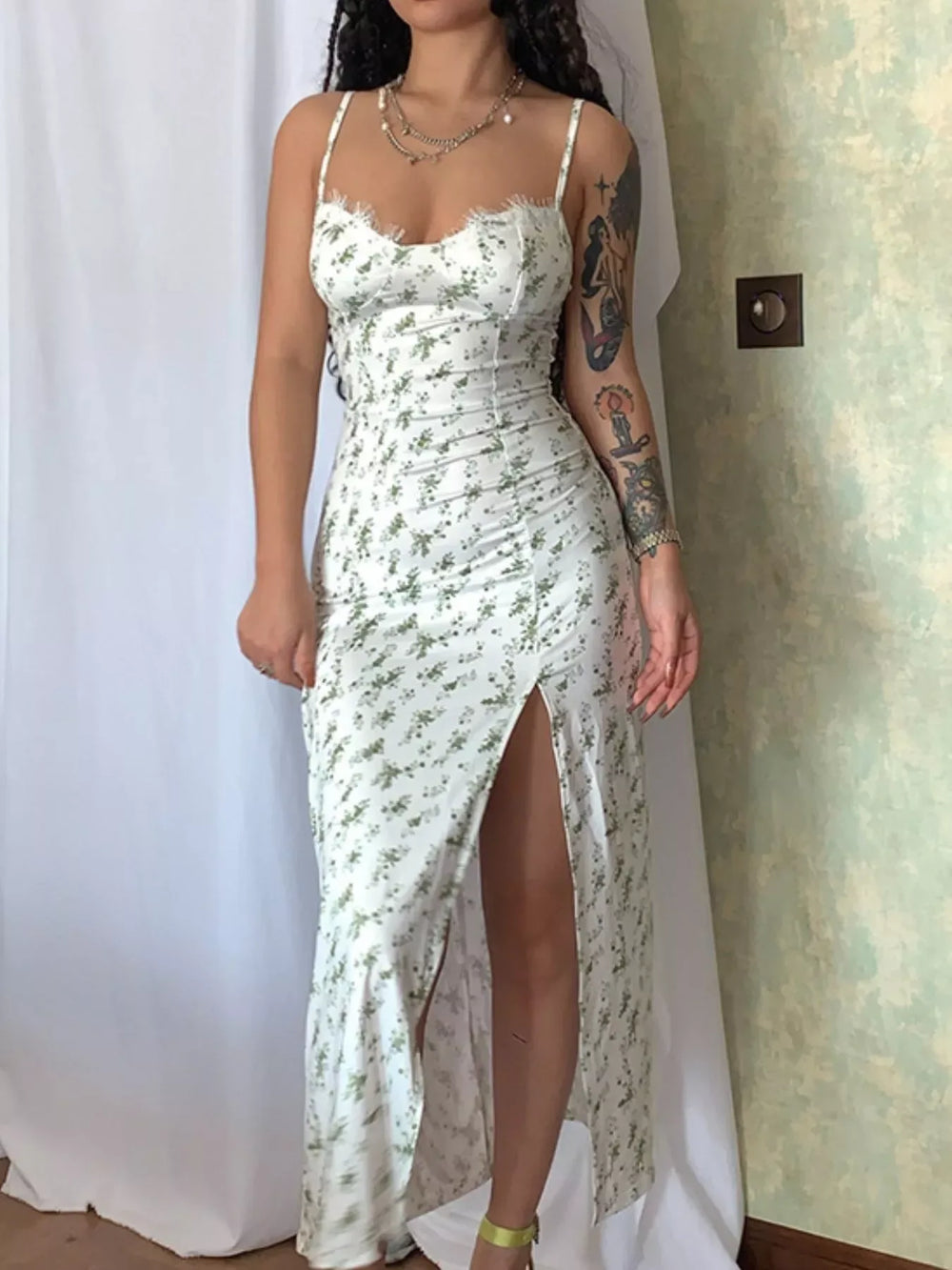 Floral Print Lace Trim Slit Midi Dress - Trendsi - Flyclothing LLC