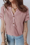 Textured Embroidered Half Buttons Short Sleeve Blouse - Trendsi - Flyclothing LLC