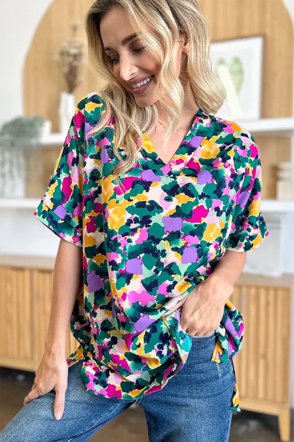 Double Take Full Size Printed V-Neck Short Sleeve Side Slit Top - Trendsi - Flyclothing LLC