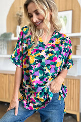 Double Take Full Size Printed V-Neck Short Sleeve Side Slit Top - Trendsi - Flyclothing LLC