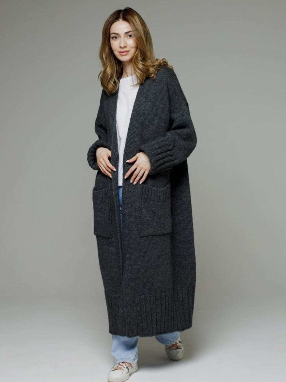 Pocketed Open Front Dropped Shoulder Cardigan - Trendsi - Flyclothing LLC