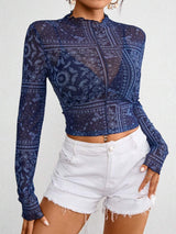 Paisley Mock Neck Long Sleeve Sheer Top - Trendsi - Flyclothing LLC