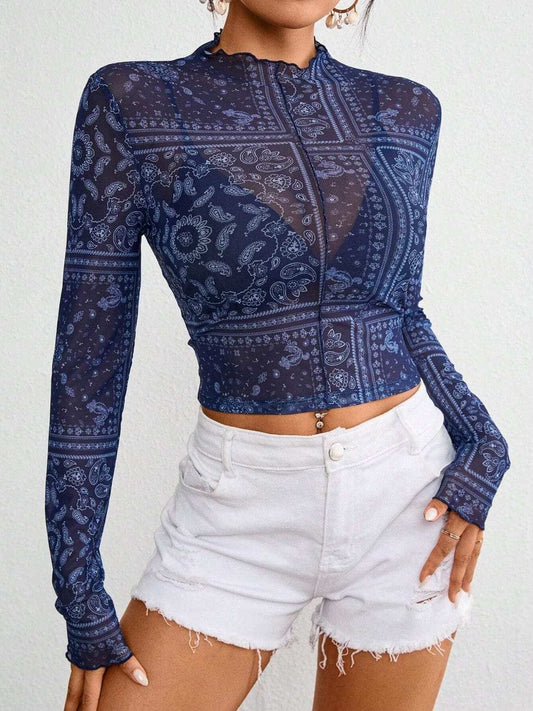 Paisley Mock Neck Long Sleeve Sheer Top - Trendsi - Flyclothing LLC