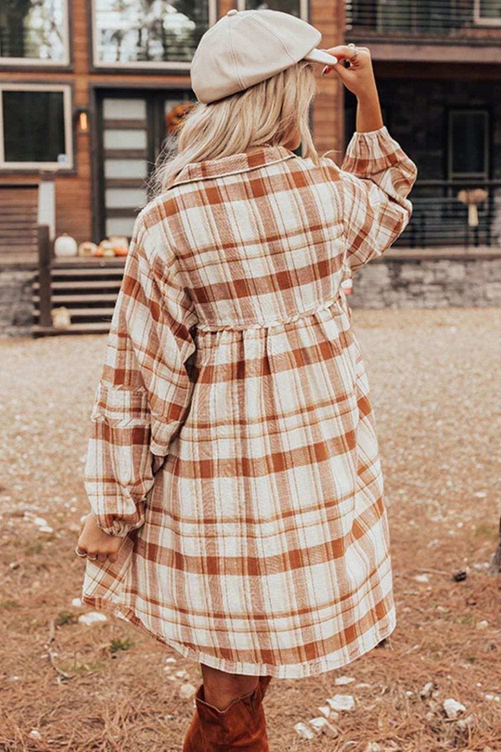Plaid Collared Neck Long Sleeve Mini Shirt Dress - Trendsi - Flyclothing LLC