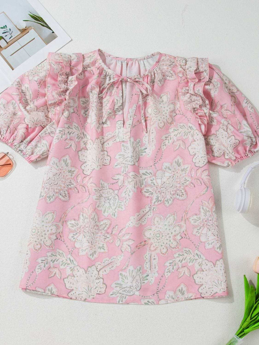 Floral Tie Neck Puff Sleeve Blouse - Trendsi - Flyclothing LLC