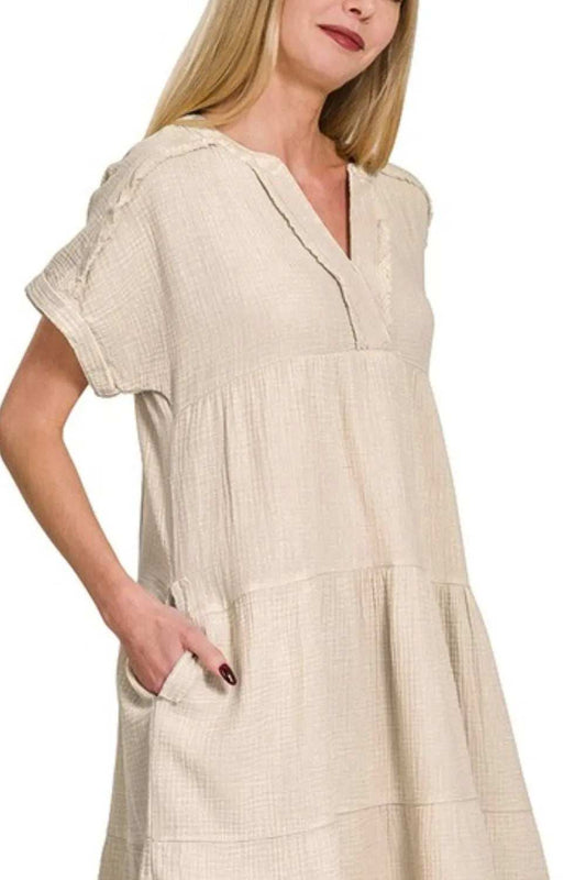 Zenana Washed Double Gauze Raw Edge V-neck Dress - Trendsi - Flyclothing LLC