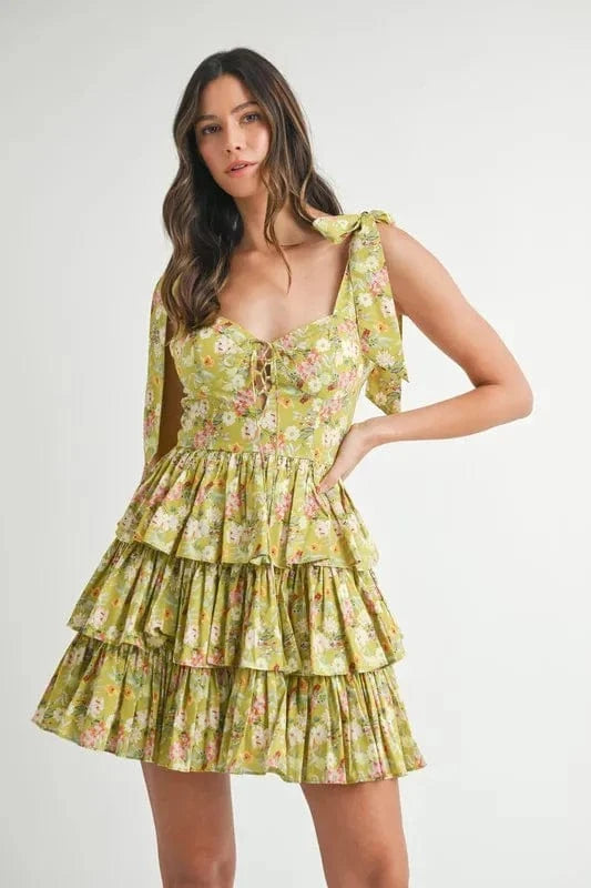 MABLE Floral Print Shoulder Tie Layered Mini Dress - Trendsi