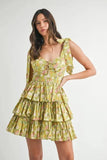 MABLE Floral Print Shoulder Tie Layered Mini Dress - Trendsi