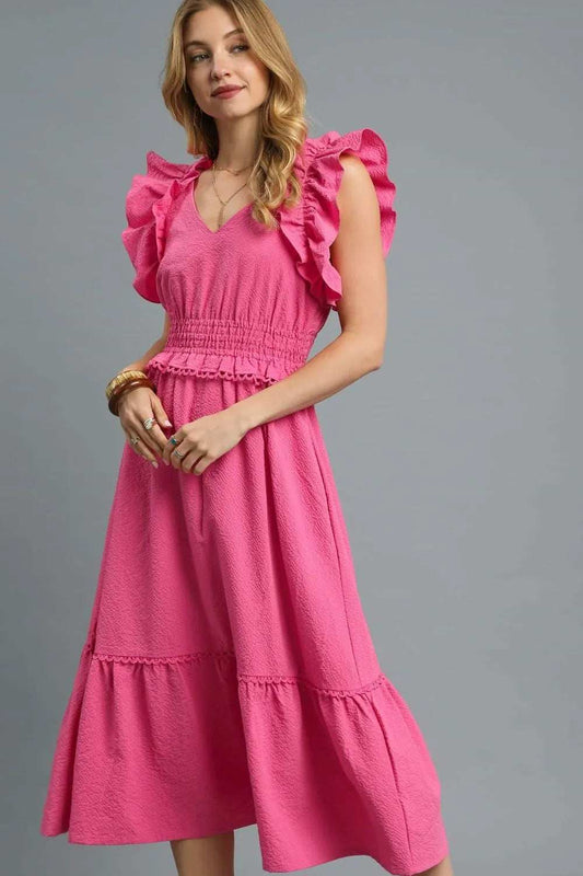Umgee V-Neck Ruffled Cap Sleeve Midi Dress - Trendsi - Flyclothing LLC
