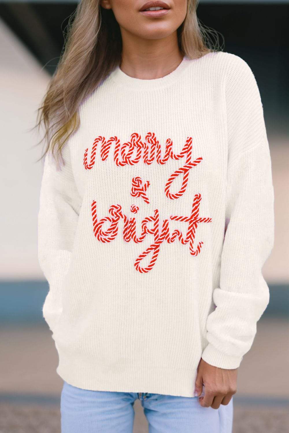 MERRY & BRIGHT Round Neck Sweater - Trendsi - Flyclothing LLC