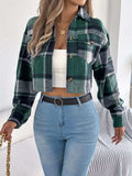 Plaid Button Up Cropped Jacket - Trendsi - Flyclothing LLC
