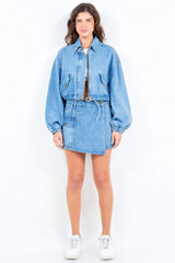 American Bazi Drawstring Waist Crop Denim Jacket - Trendsi - Flyclothing LLC