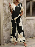 Printed V-Neck Top and Wide Leg Pants Set - Trendsi - Flyclothing LLC