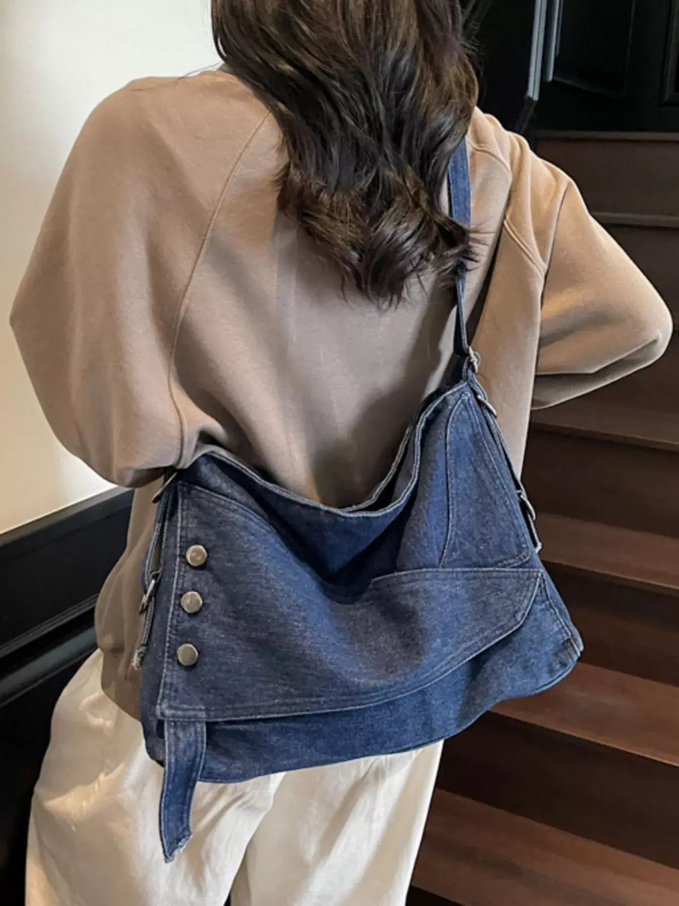 Casual Denim Crossbody Bag with Button Detail - Trendsi - Flyclothing LLC