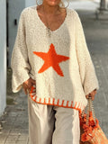 Star V-Neck Long Sleeve Oversize Sweater - Trendsi