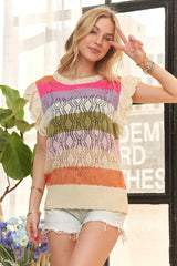 ADORA Eyelet Sleeve Multi Color Crochet Top - Trendsi - Flyclothing LLC