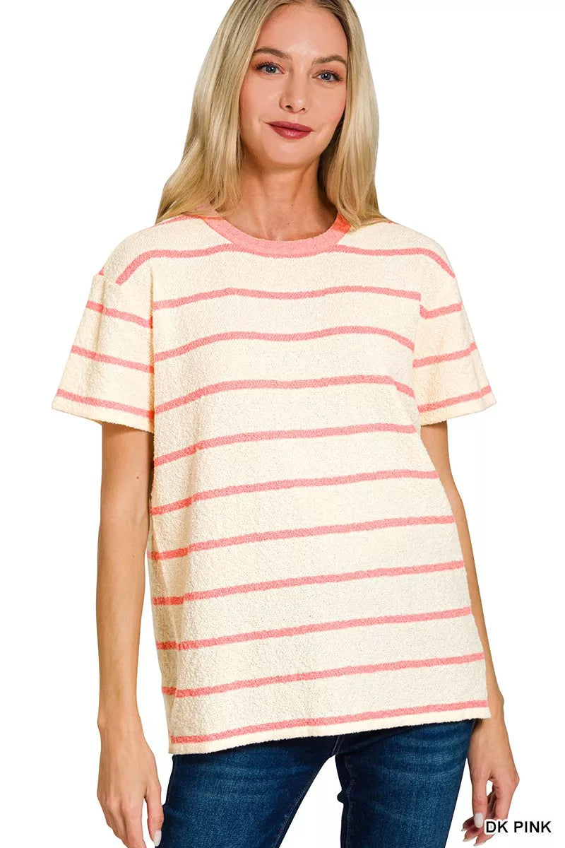 Zenana Textured Striped Crew Neck T-Shirt - Trendsi - Flyclothing LLC