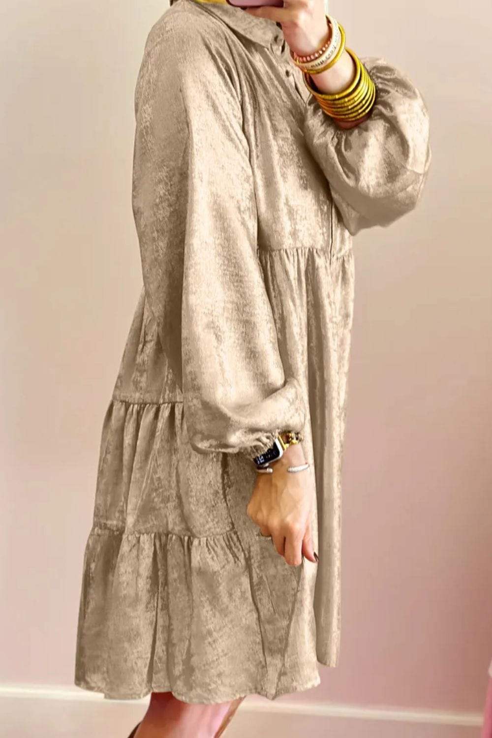 Metallic Sheen Long Sleeve Mini Dress - Trendsi - Flyclothing LLC