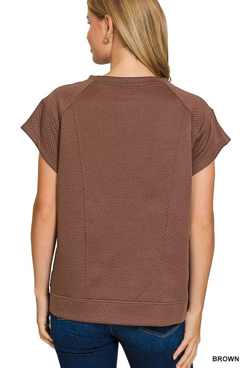 Zenana Textured Knit Jacquard Short Sleeve Top - Trendsi - Flyclothing LLC