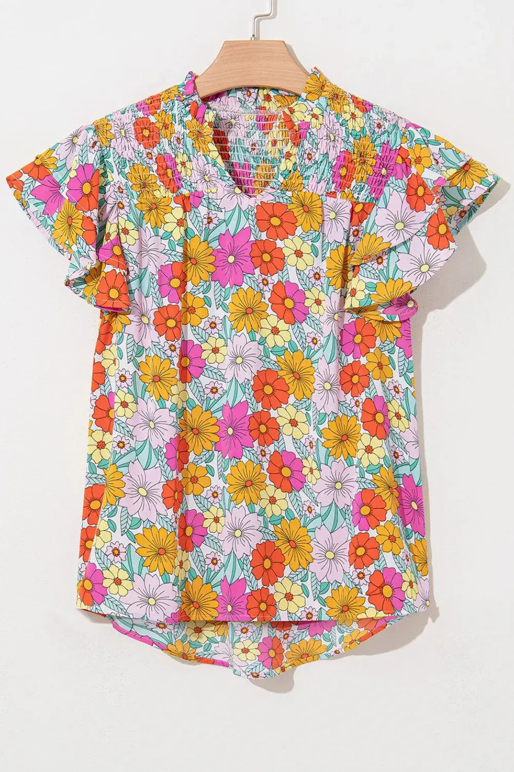 Floral Print Shirred Tiered Ruffled Sleeve Blouse - Trendsi - Flyclothing LLC