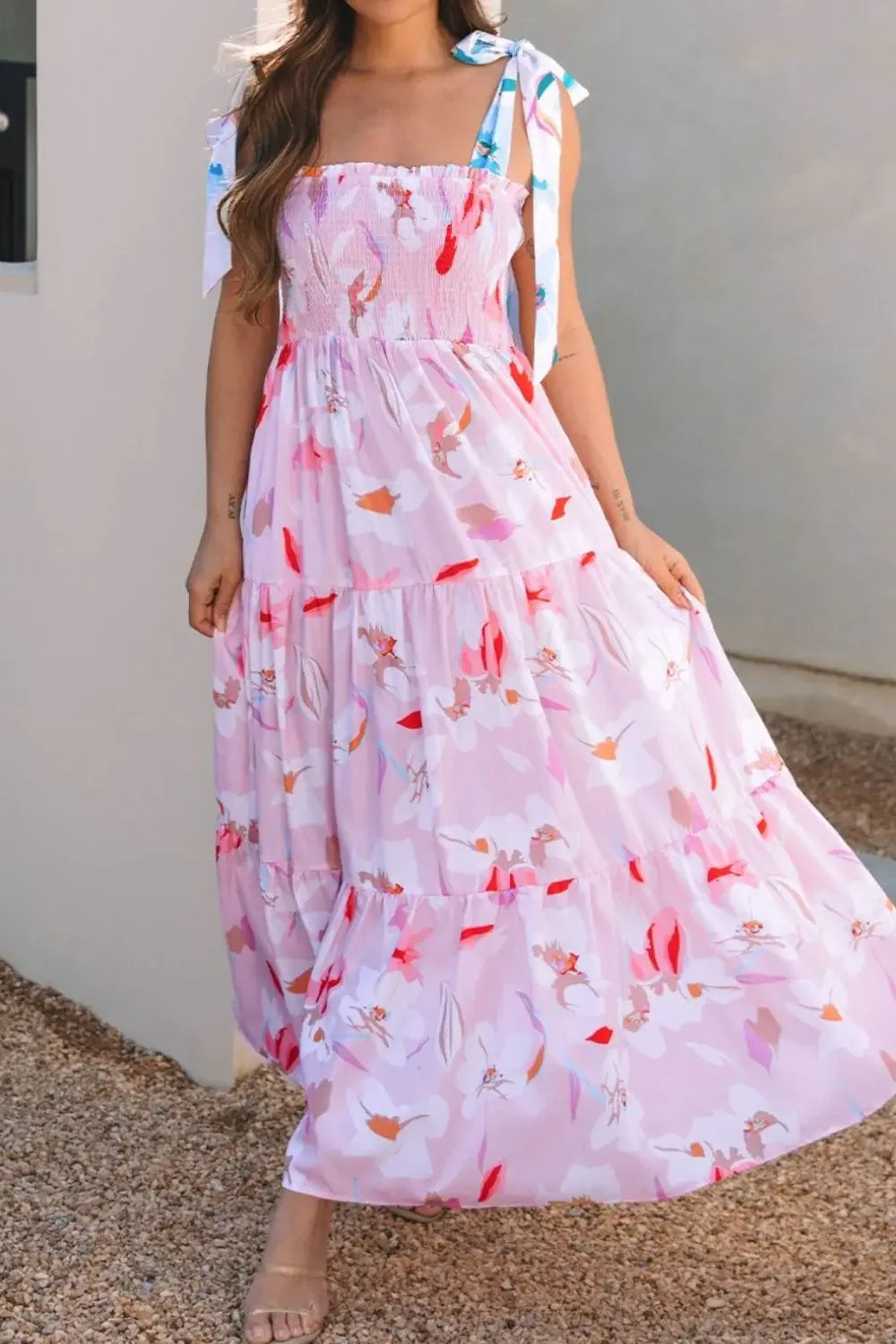 Floral Print Knotted Shoulder Smocked Maxi Dress - Trendsi - Flyclothing LLC