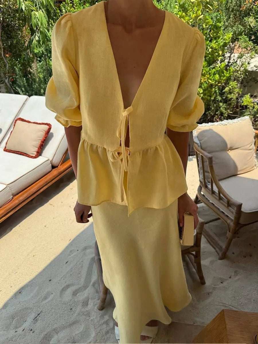 Tie Front Peplum Top and Skirt Set - Trendsi - Flyclothing LLC