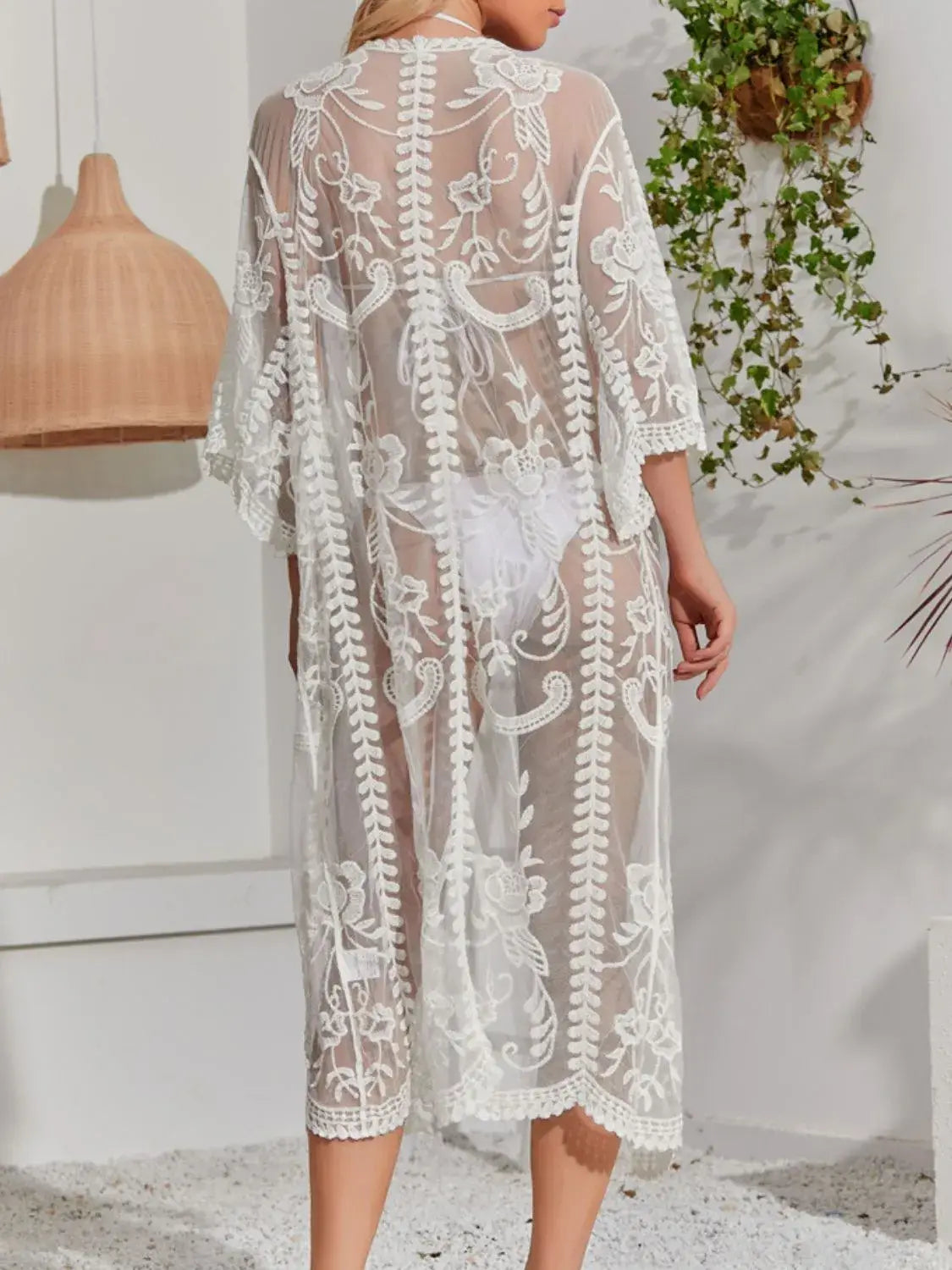 Lace Detail Open Front Longline Cover-Up - Trendsi - Flyclothing LLC