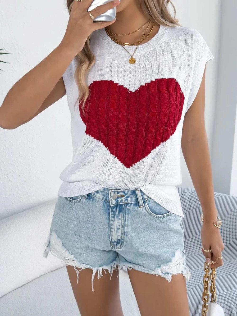 Cable Knit Heart Round Neck Cap Sleeve Knit Top - Trendsi - Flyclothing LLC