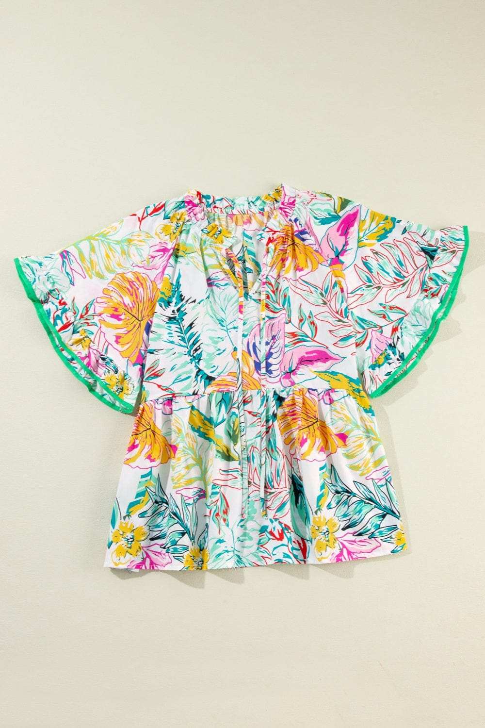 Ruffled Printed Tie Neck Blouse - Trendsi - Flyclothing LLC