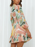 Printed Mock Neck Balloon Sleeve Mini Dress - Trendsi