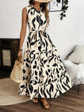 Printed Tie Waist Sleeveless Maxi Dress - Trendsi