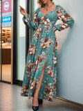 Slit Printed Surplice Long Sleeve Maxi Dress - Trendsi - Flyclothing LLC