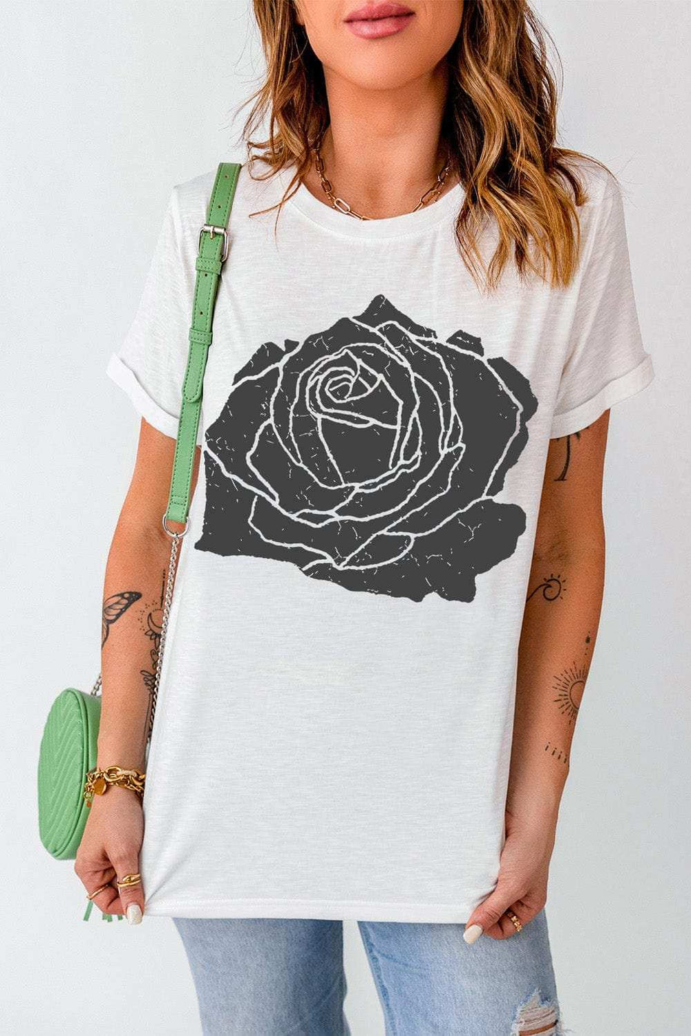 Rose Graphic Round Neck Short Sleeve T-Shirt - Trendsi - Flyclothing LLC