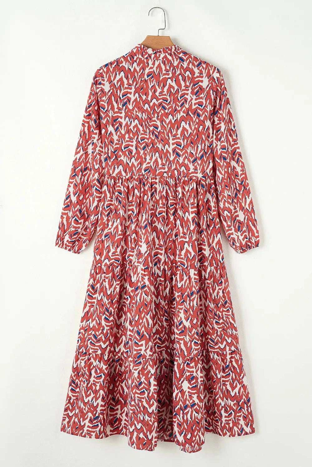 Printed Notched Long Sleeve Dress - Trendsi - Flyclothing LLC