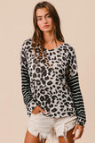 BiBi Leopard Hacci Knit Twist Back Top With Stripe Sleeve - Trendsi