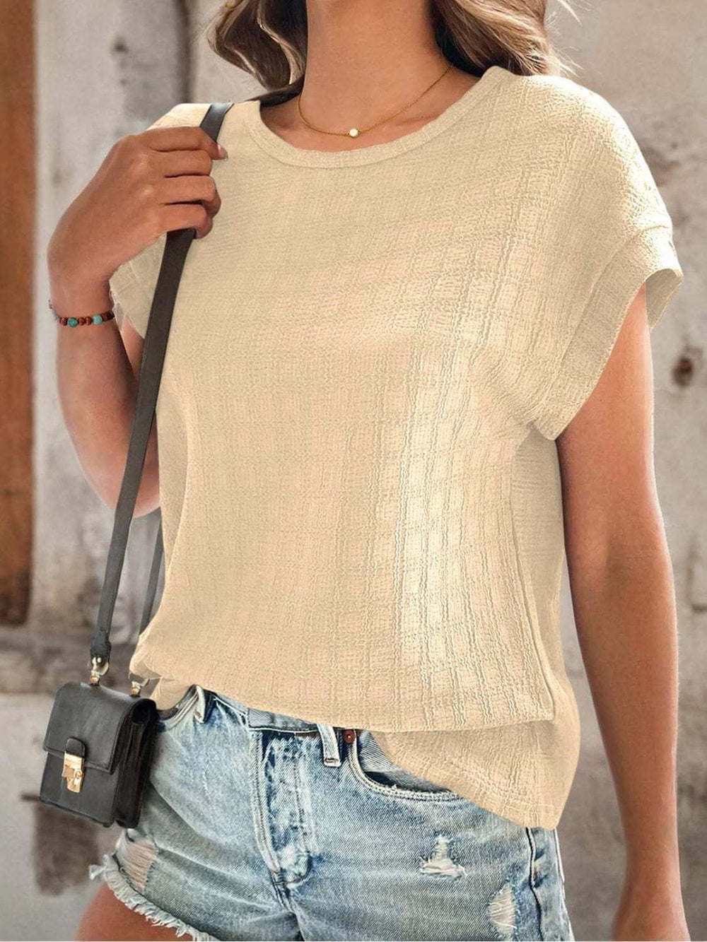 Textured Round Neck Short Sleeve Top - Trendsi - Flyclothing LLC