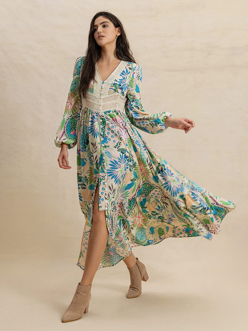 Slit Printed V-Neck Long Sleeve Midi Dress - Trendsi