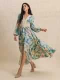 Slit Printed V-Neck Long Sleeve Midi Dress - Trendsi