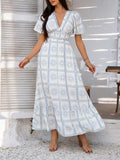 Devine Smocked Printed V-Neck Short Sleeve Maxi Dress - Trendsi