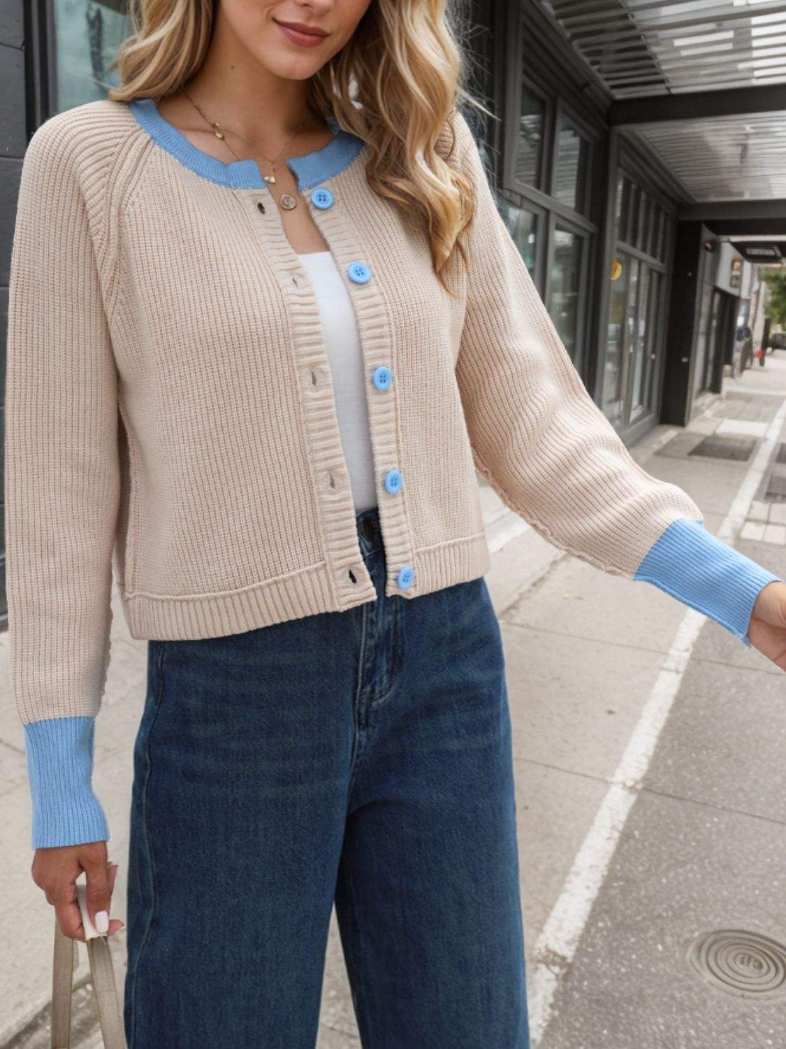Contrast Button Up Long Sleeve Cardigan - Trendsi - Flyclothing LLC