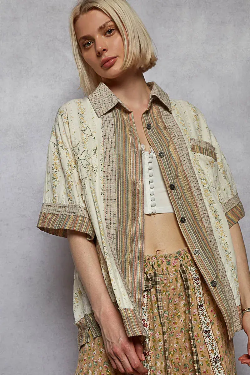 POL Printed Button Down Patchwork Short Sleeve Shirt - Trendsi - Flyclothing LLC