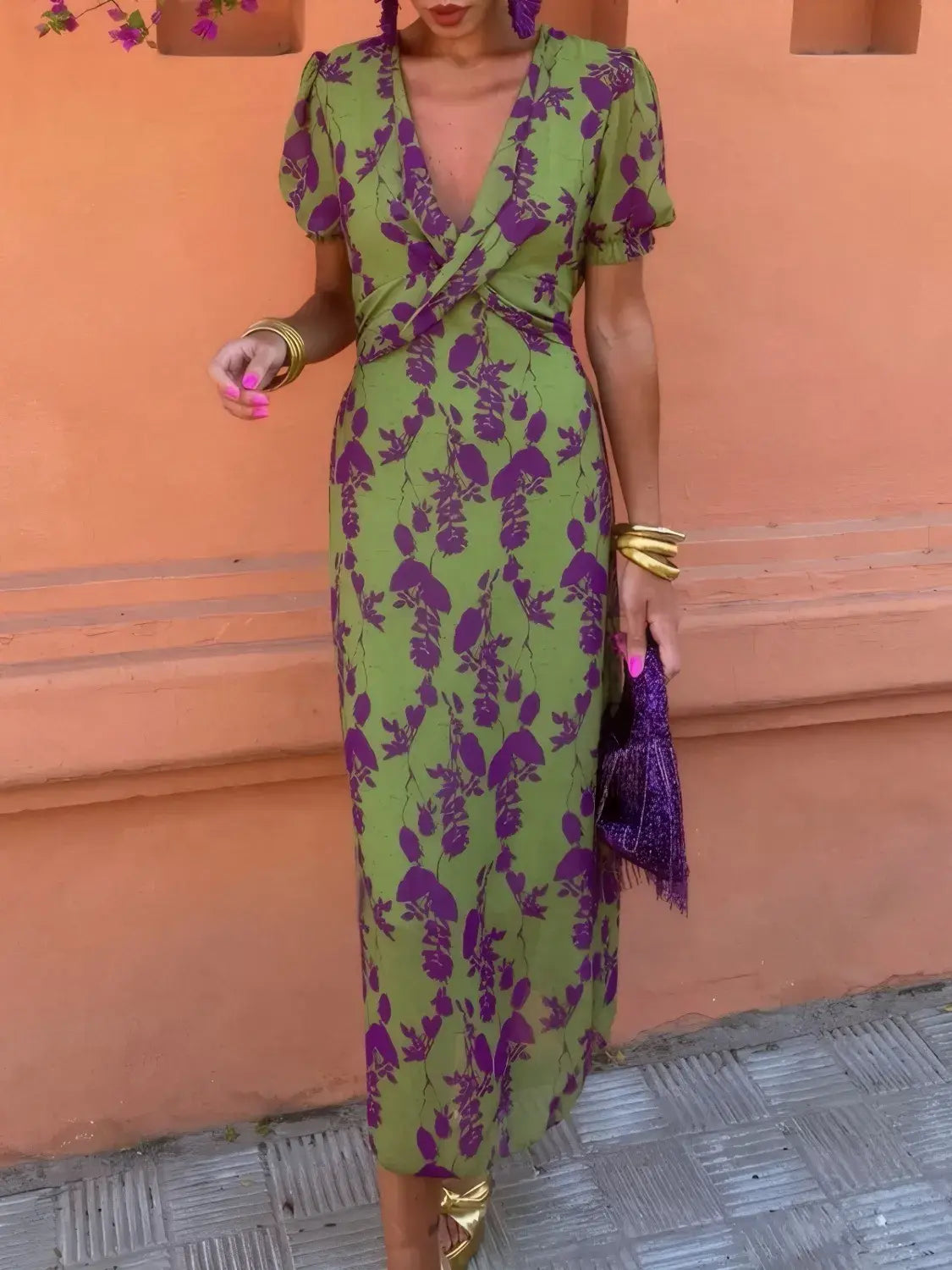 Printed Plunge Short Sleeve Midi Dress - Trendsi - Flyclothing LLC
