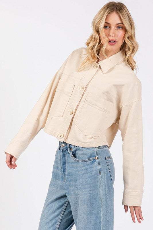 bytos Button Down Cropped Denim Jacket with Patch Pockets - Trendsi - Flyclothing LLC