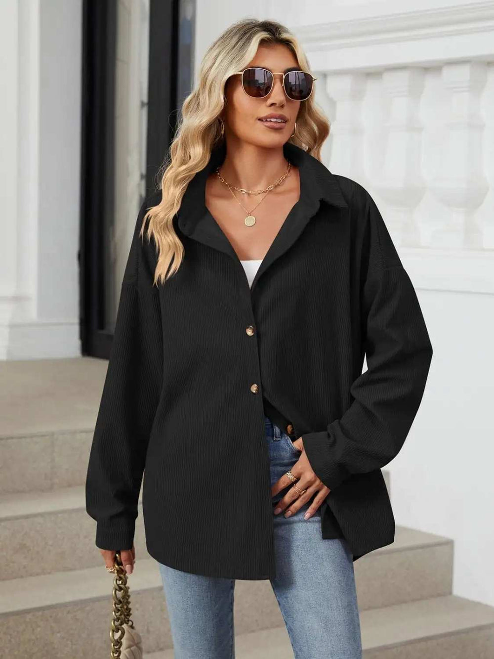 Collared Neck Long Sleeve Dropped Shoulder Shirt - Trendsi - Flyclothing LLC