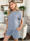 Double Take Full Size Texture Short Sleeve T-Shirt and Drawstring Shorts Set - Trendsi - Flyclothing LLC