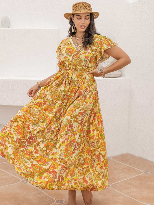 Plus Size Printed V-Neck Flutter Sleeve Tie Waist Maxi Dress - Trendsi - Flyclothing LLC