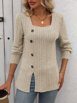 Decorative Button Striped Square Neck Long Sleeve T-Shirt - Trendsi - Flyclothing LLC